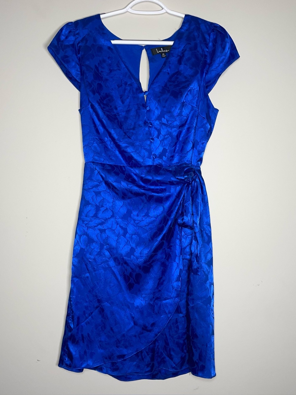 Lulus M Royal Blue Satin Floral Pattern Wrap Tie Dress Elegant Party Cocktail